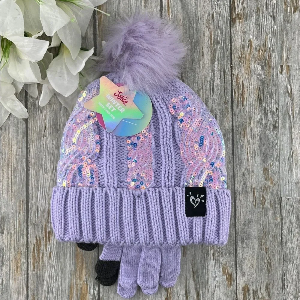 Girls Justice Sequin Cable Knit Hat and Gloves Set Pink 2-Pack